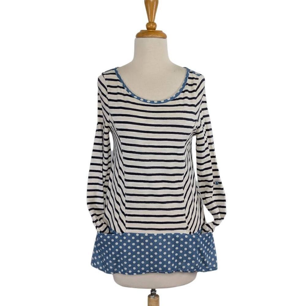 Anthropologie S Postmark Fairley Striped Polka Dot Tunic Top Boho Mod Retro Blue - Picture 2 of 7